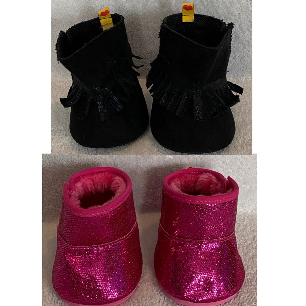 Lot of 2 Build a Bear Boots a Fuchsia Glitter Sequins and a Black Fringe Suede